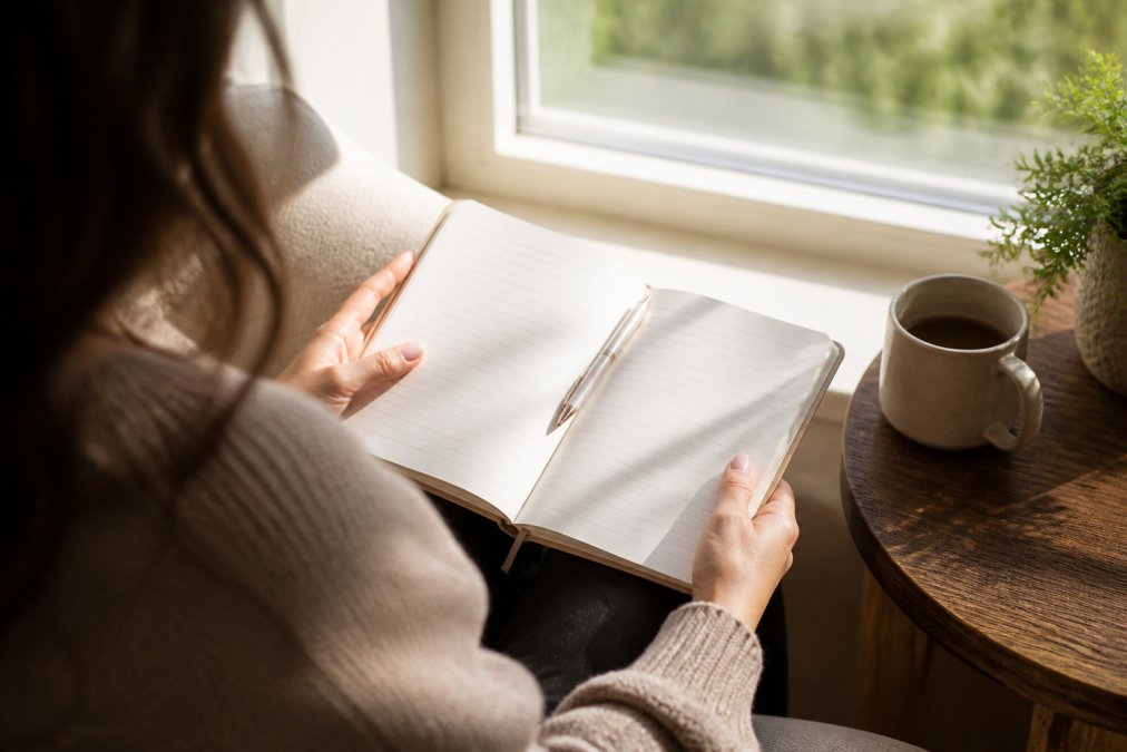 A woman's hands holding an open devotional journal with a pen resting on the page, soft morning light through a window casting gentle shadows