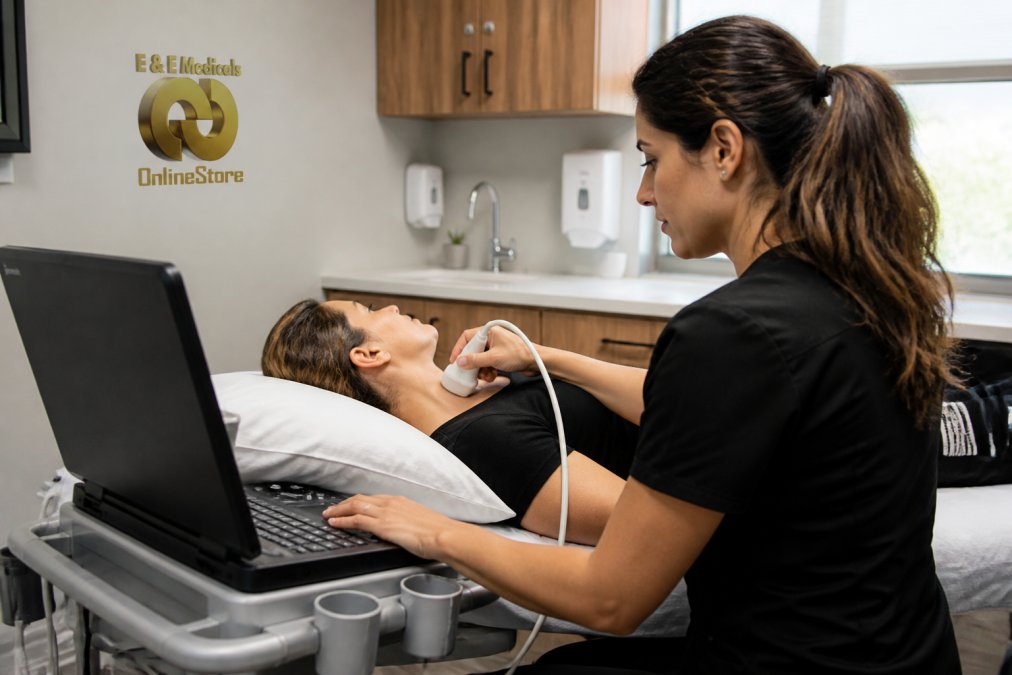 Healthcare professional using diagnostic scanner equipment on patient in modern clinical examination room with natural lighting and professional medical setting
