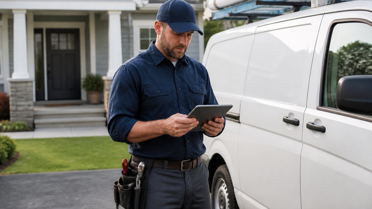A plumbing contractor in work clothes reviewing a tablet showing incoming call notifications and appointment bookings, standing in front of a service van in a residential driveway