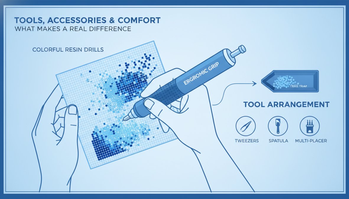 Close-up of hands holding a specialized diamond painting drill pen with ergonomic grip over a canvas with colorful resin drills and a tray nearby, showing proper tool arrangement and comfort positioning
