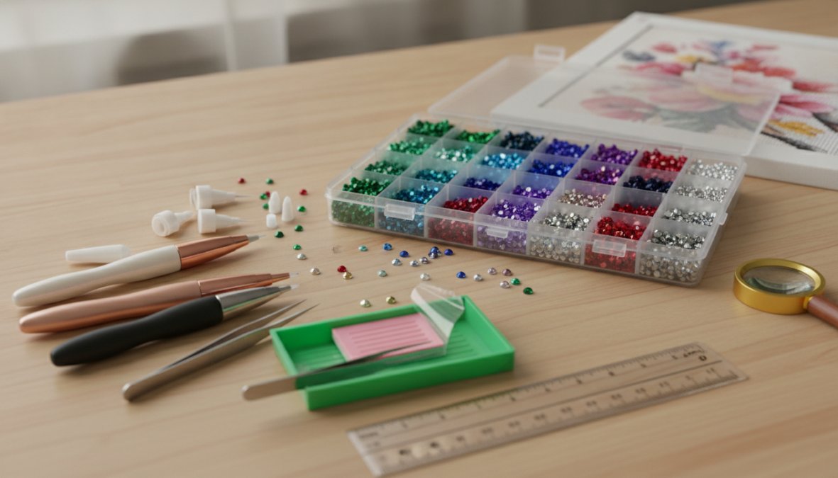 Close-up of diamond painting tools arranged on a canvas: diamond applicator pen with foam grip, wax caddy with adhesive, compartmentalized tray with sorted diamonds in various colors, tweezers, and multi-placer tool positioned neatly