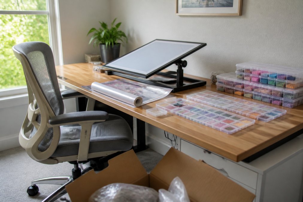 Well-organized crafting workstation with an LED light pad positioned at proper angle on an adjustable stand, organized diamond drill trays at arm's reach, and comfortable ergonomic seating with proper back support, natural window lighting