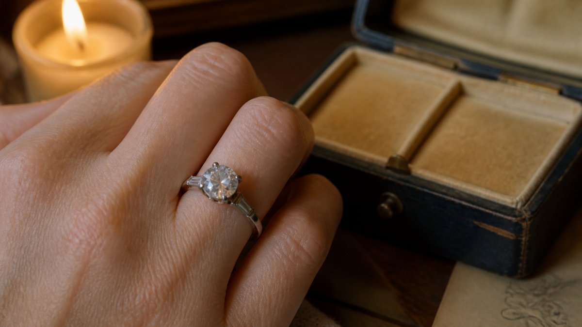 Vintage old-cut diamond ring on a hand illuminated by soft candlelight with an antique jewelry box nearby