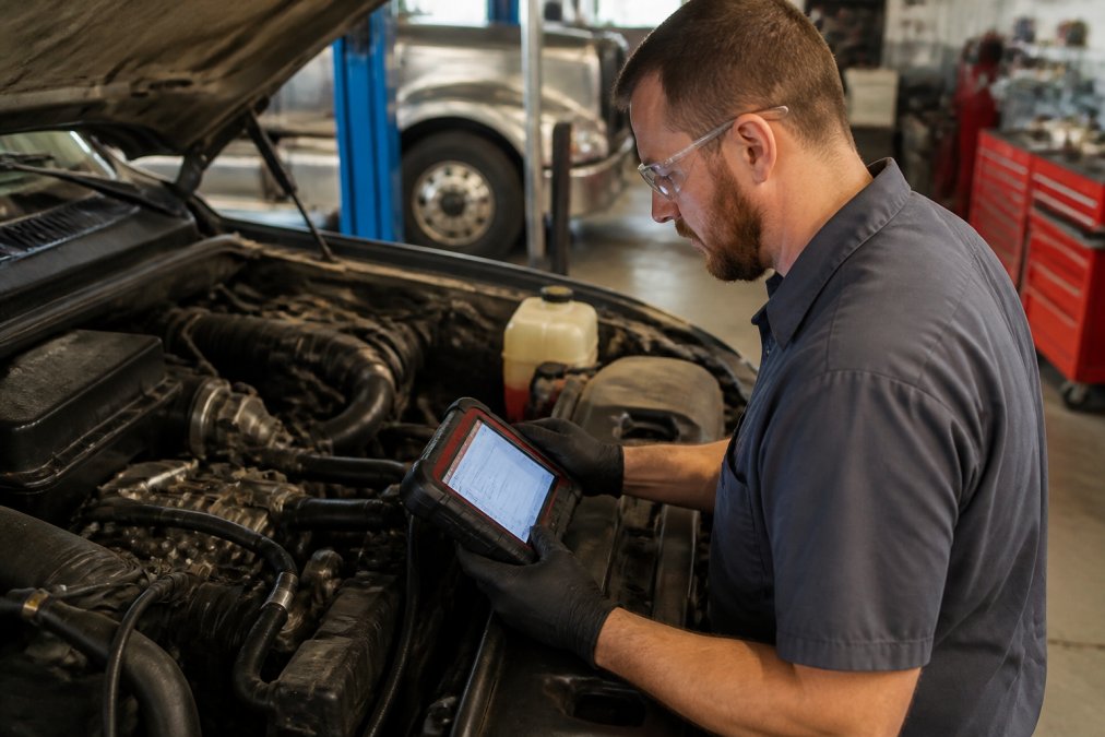 ASE certified technician using advanced diagnostic scanner on a diesel engine in a well-lit service bay, wearing professional work uniform with visible certification badge, carefully examining engine components