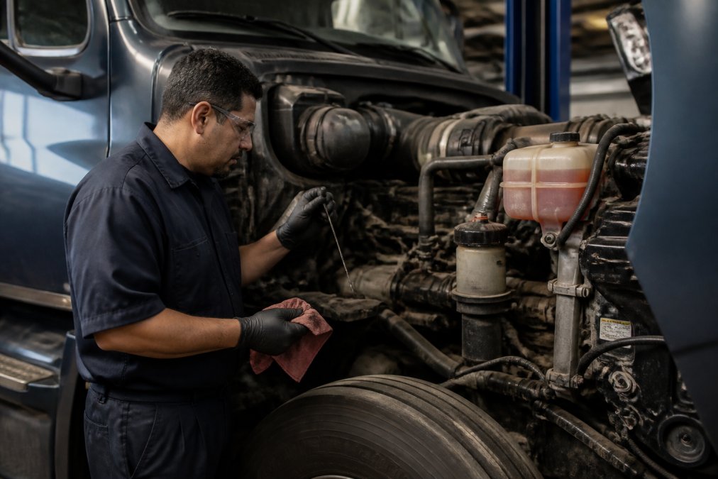 Professional mechanic performing preventive maintenance on a diesel truck engine, checking fluid levels and inspecting fuel system components with diagnostic equipment in a modern service facility