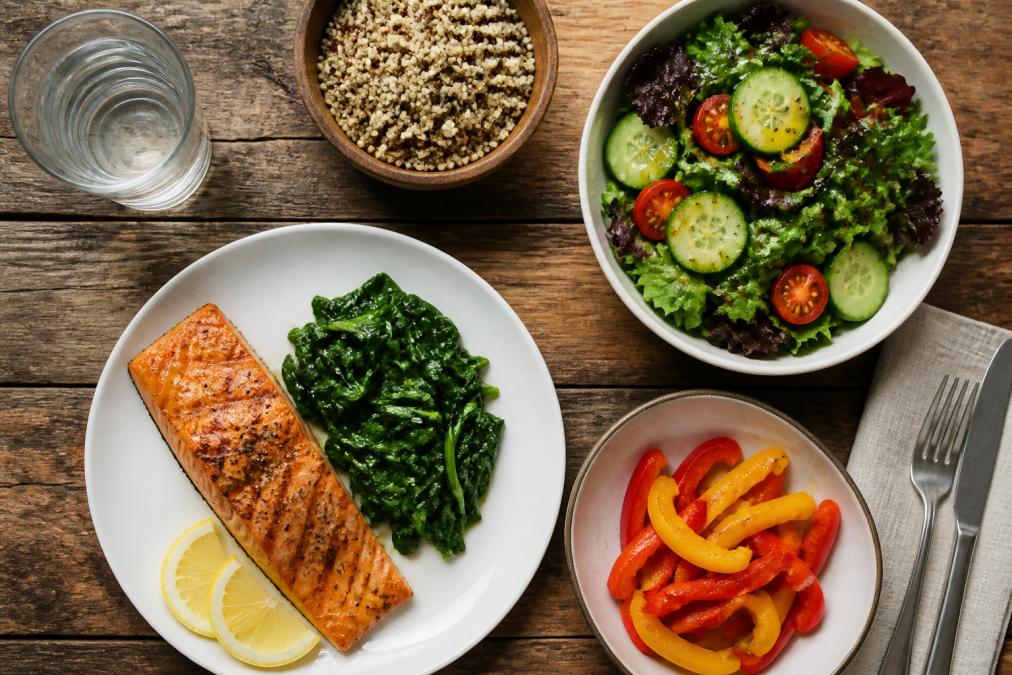 Overhead shot of a colorful anti-inflammatory meal spread on a rustic wooden table featuring grilled salmon, a leafy green salad drizzled with olive oil, a bowl of quinoa, sliced red and yellow bell peppers, and a glass of water in soft natural light