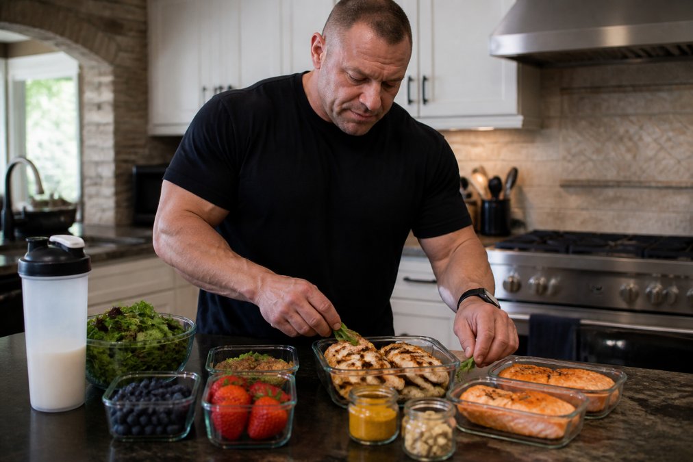 Overhead shot of a meal prep spread on a kitchen counter with grilled chicken, salmon fillets, bowls of blueberries and strawberries, leafy greens, a protein shaker bottle, and small glass containers of turmeric and ginger