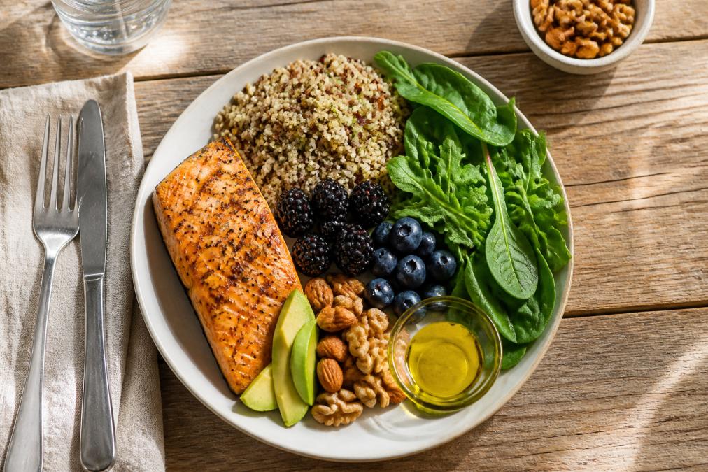 Infographic displaying a balanced nutrient-dense meal plan for sustained energy and vitality
