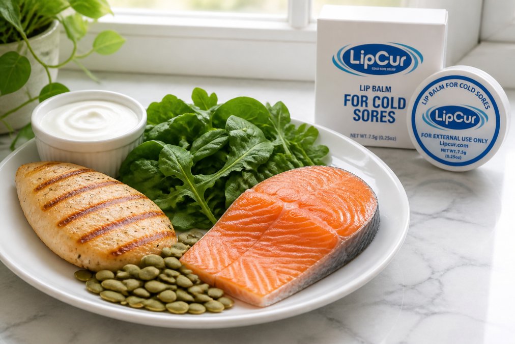 Colorful plate of lysine-rich foods including grilled chicken breast, salmon fillet, Greek yogurt, fresh leafy greens, and pumpkin seeds arranged on a white ceramic plate with natural window lighting