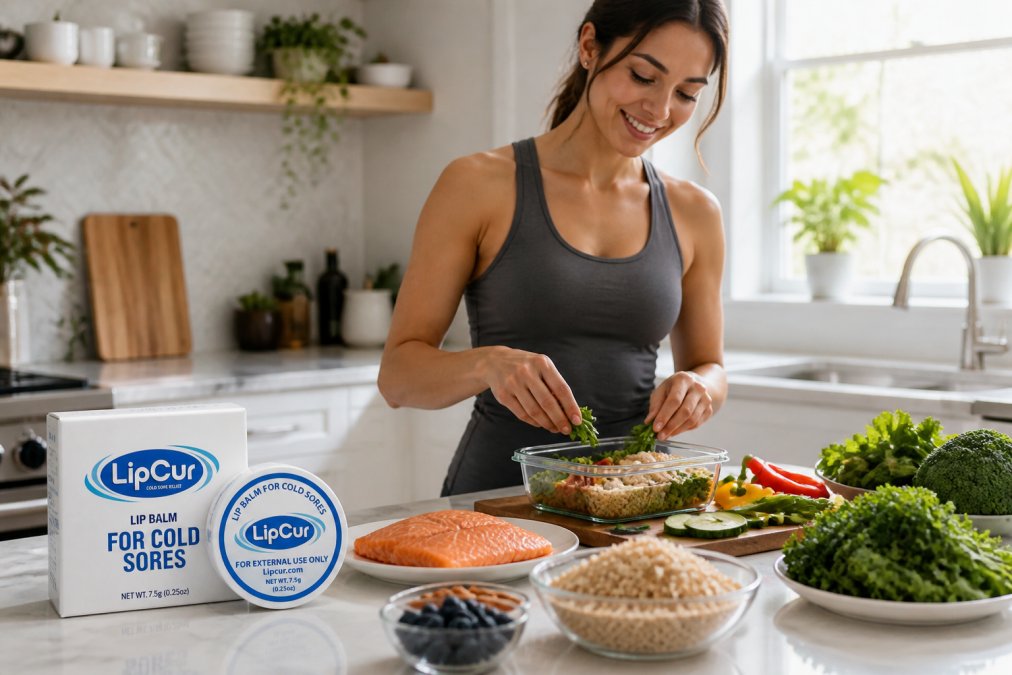 Person preparing a balanced meal in a bright, modern kitchen with fresh vegetables, lean salmon fillet, brown rice, and leafy greens visible on the counter with natural window lighting streaming across the workspace