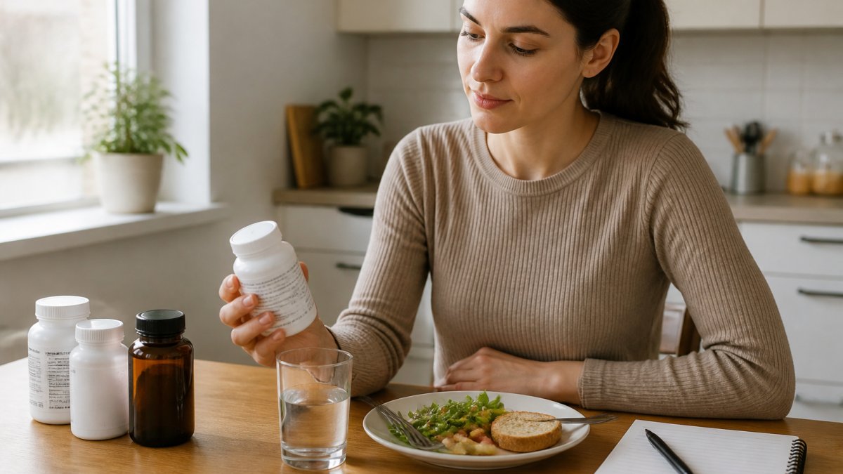 A person sitting at a wooden kitchen table holding a digestive enzyme bottle beside a glass of water and a half-eaten meal, with a small notebook and pen for tracking symptoms, soft morning window light