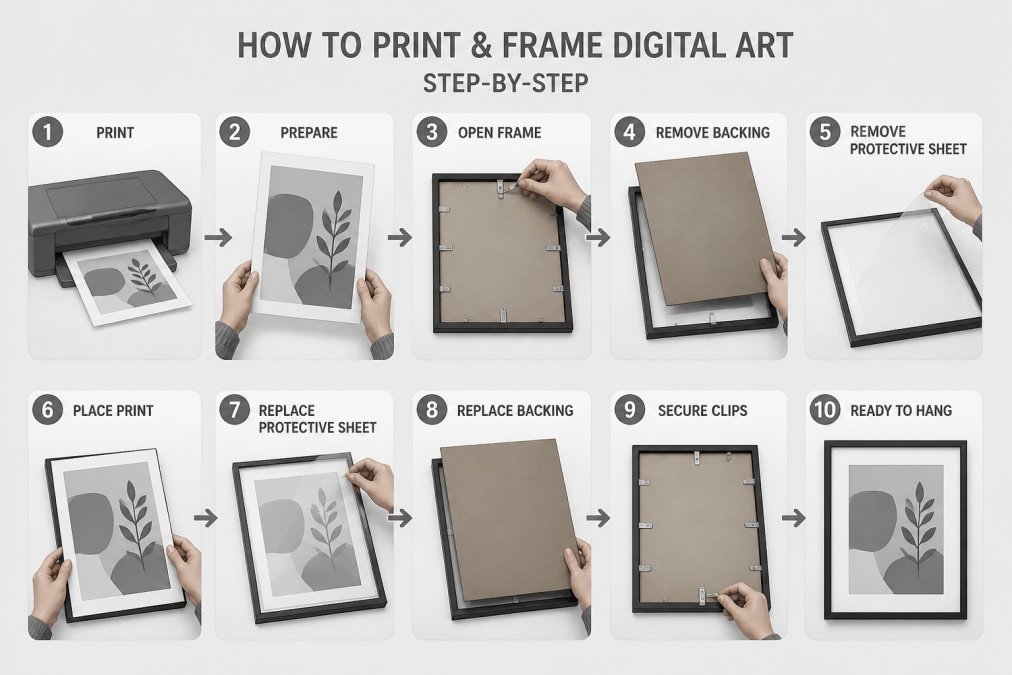 Close-up of hands placing a freshly printed high-resolution digital art print into an IKEA frame, showing the mounting and framing process