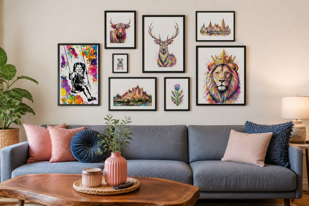 A living room wall featuring a carefully arranged gallery wall with multiple IKEA frames of varying sizes displaying colourful personalised digital art prints, showing visual balance and spacing
