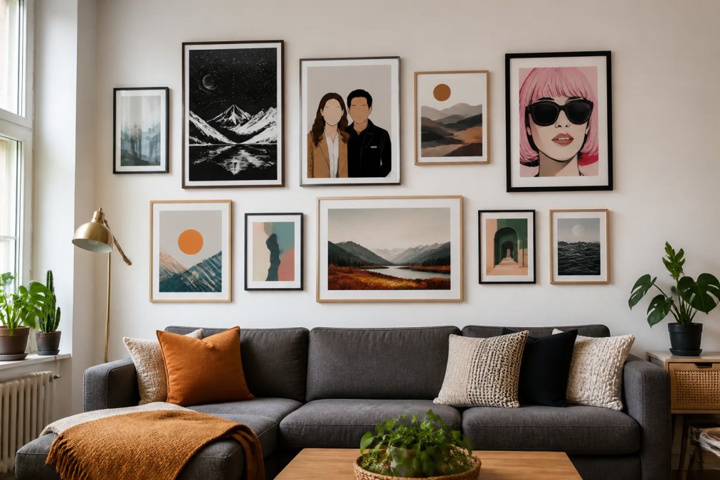 Renter's living room featuring a gallery wall of framed digital art prints in various sizes and frame styles arranged on a white feature wall, showing abstract landscapes, personalised portraits, and pop art designs without any visible nail holes or wall damage