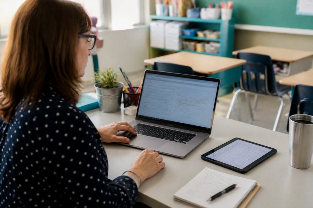 Teacher reviewing student progress data on a laptop using digital assessment tools in a bright K12 classroom.
