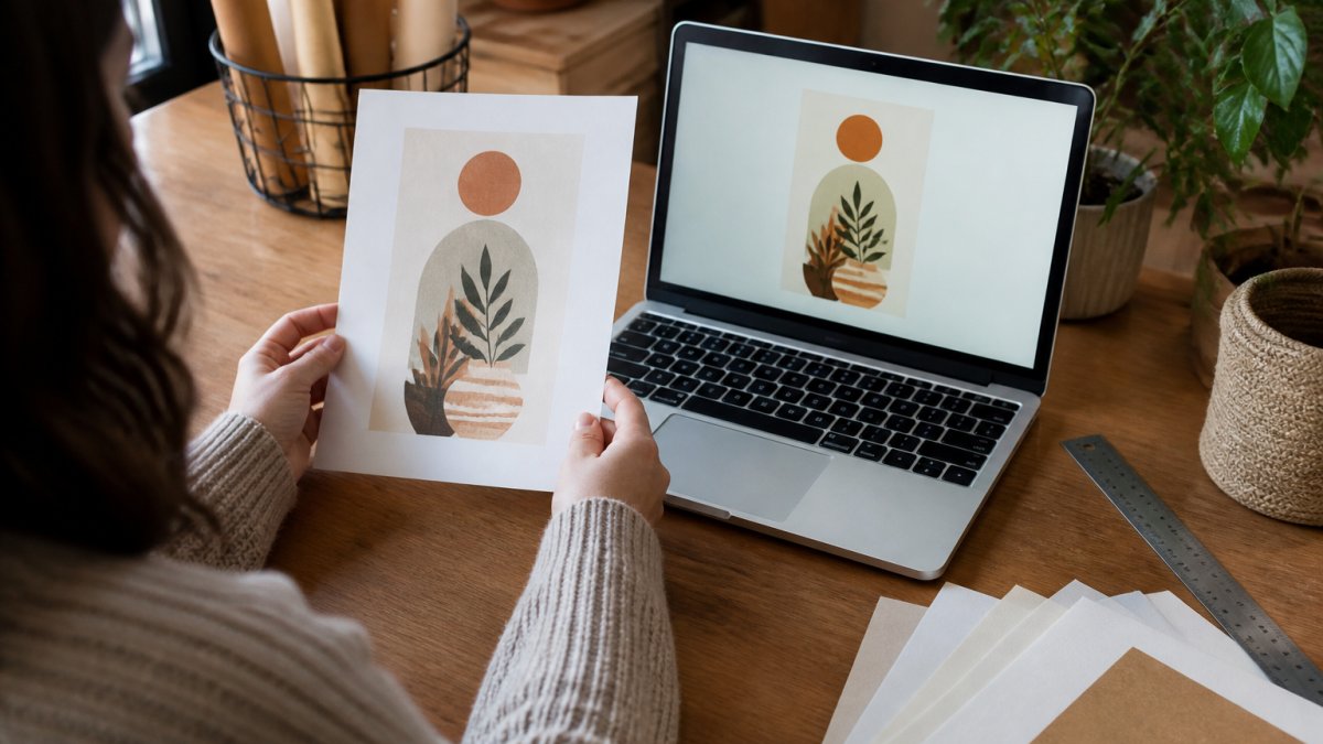A crafter at a wooden desk comparing a printed art print against the same design on a laptop screen, with a ruler and paper samples nearby