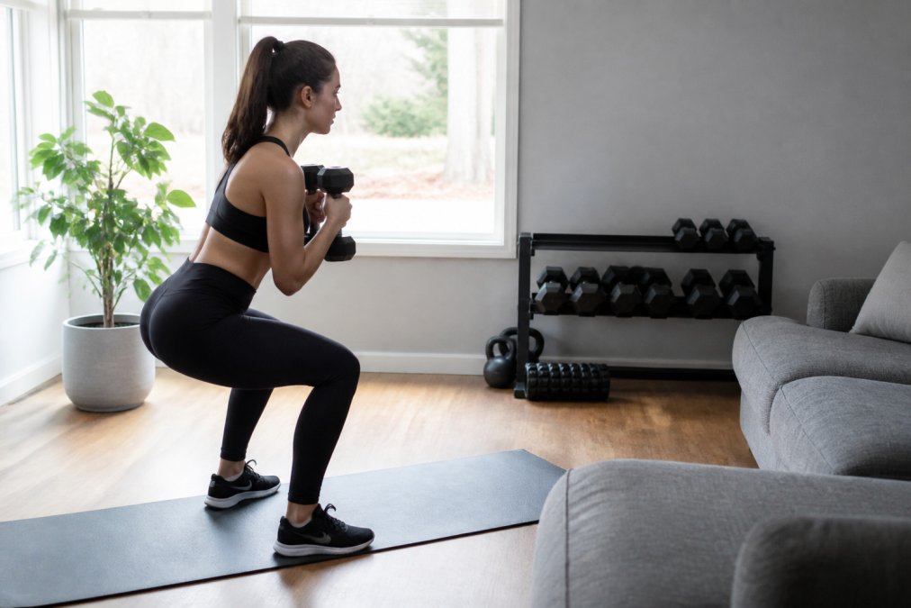Person in home gym following on-screen workout instructor on large display, dumbbells and exercise mat visible in bright modern living room with natural lighting