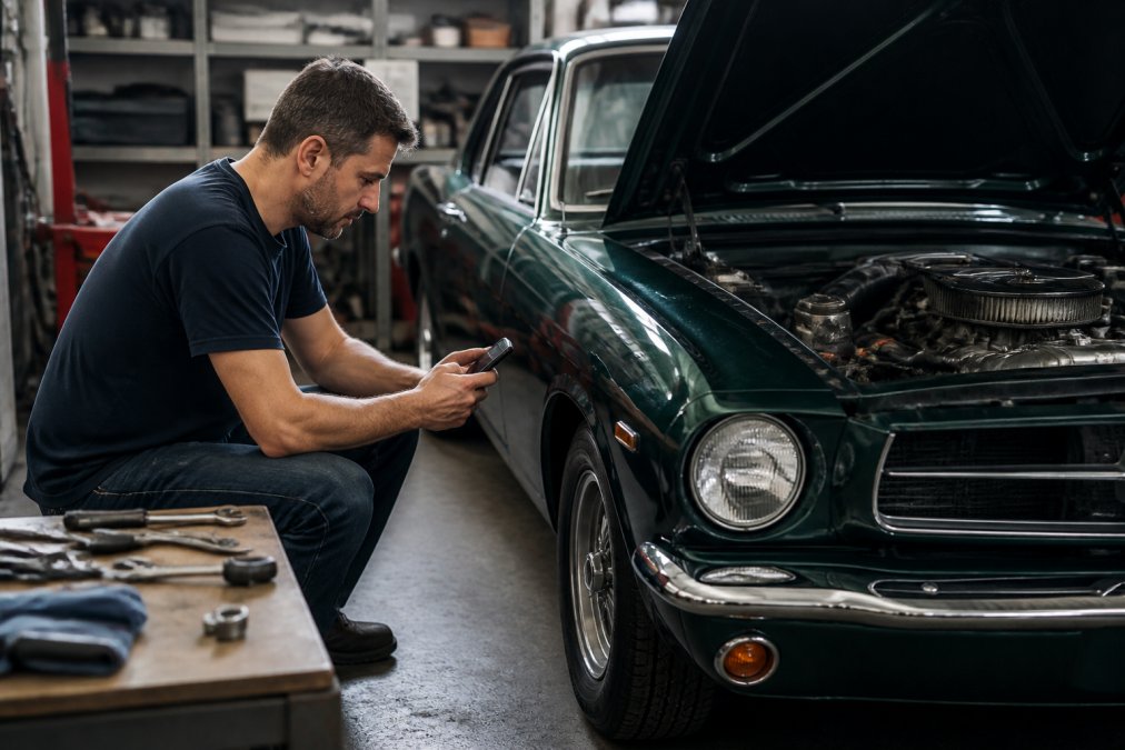 A car enthusiast in a garage using a smartphone to log maintenance details on a classic car, with tools and parts visible in the background