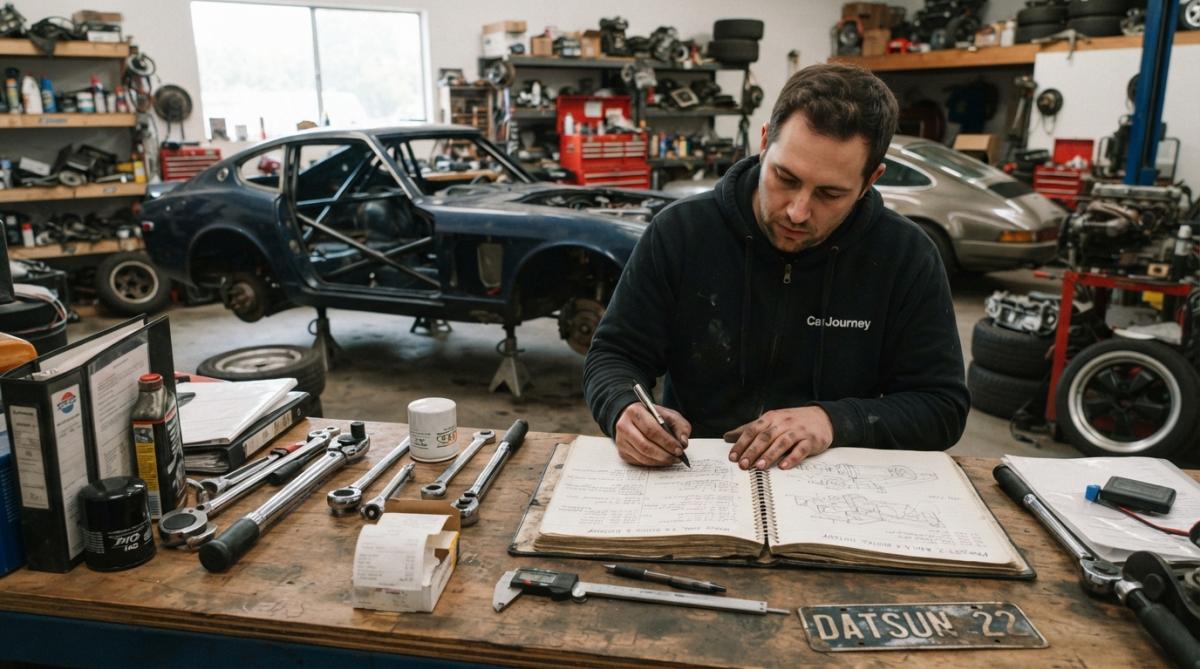 Car enthusiast using smartphone to log maintenance records in home garage with project car visible in background, natural lighting through garage door
