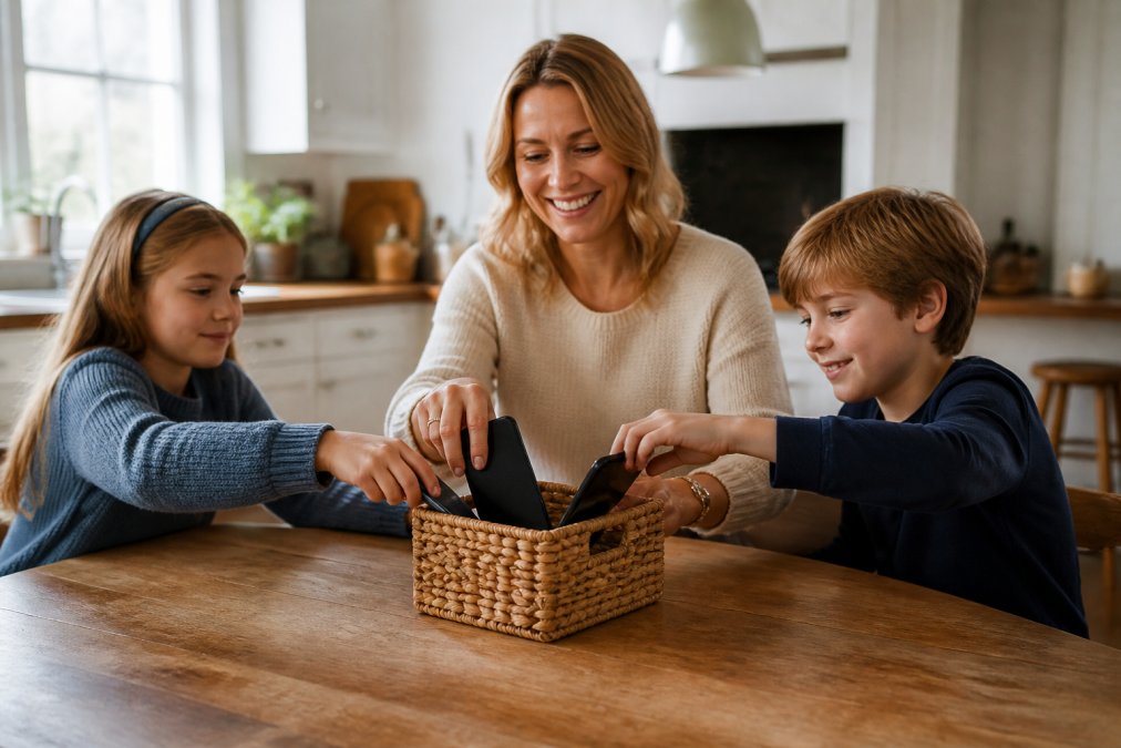 A parent and two children sitting at a kitchen table, all placing their smartphones into a small basket in the center, warm natural light, candid family moment