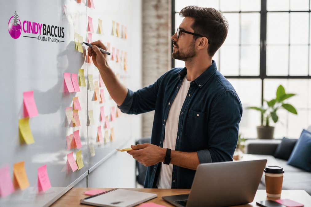 A startup founder writing a marketing plan on a whiteboard covered in sticky notes, laptop open on a desk nearby in a bright modern workspace with natural light