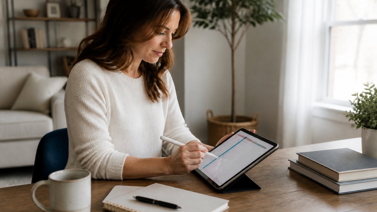 Woman at a tidy desk reviewing her digital planner on a tablet with a stylus, accompanied by coffee and a notebook.