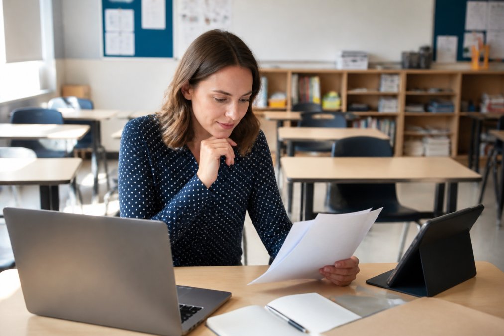 A teacher sitting at a desk with a laptop and tablet, reviewing digital reading platform options in a bright classroom