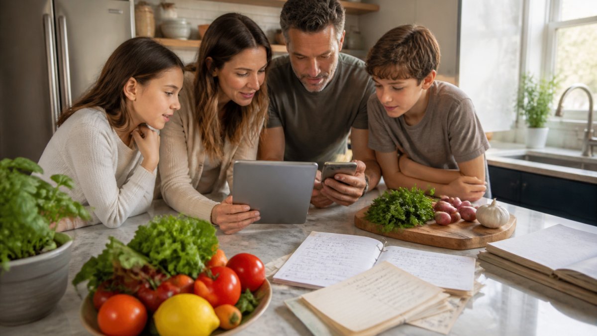 Busy family gathered around kitchen counter reviewing recipes on tablet and smartphone, with handwritten recipe cards and fresh groceries spread across the marble surface, natural afternoon sunlight streaming through window