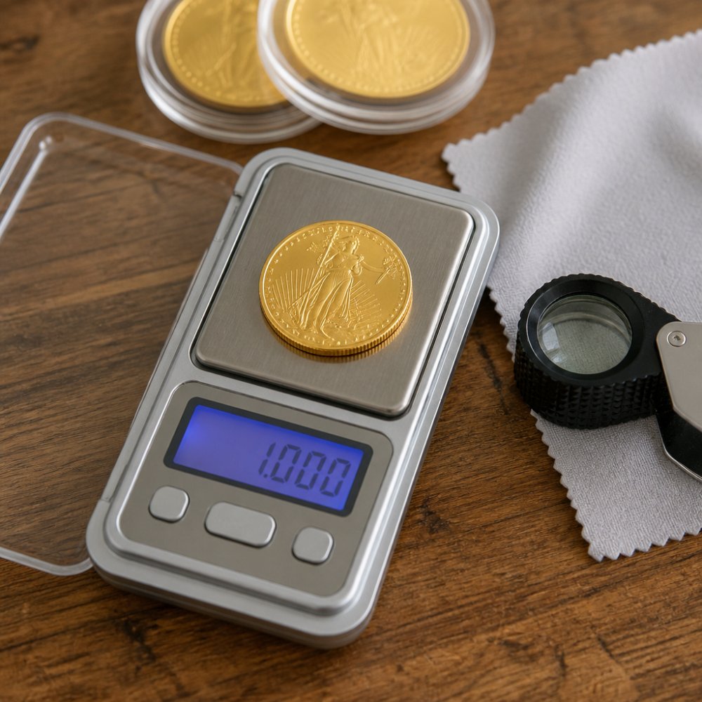 A close-up of a gold coin resting on a small digital scale platform, the LCD display glowing with a troy ounce reading, a jeweler's loupe and soft cloth nearby on a wooden desk