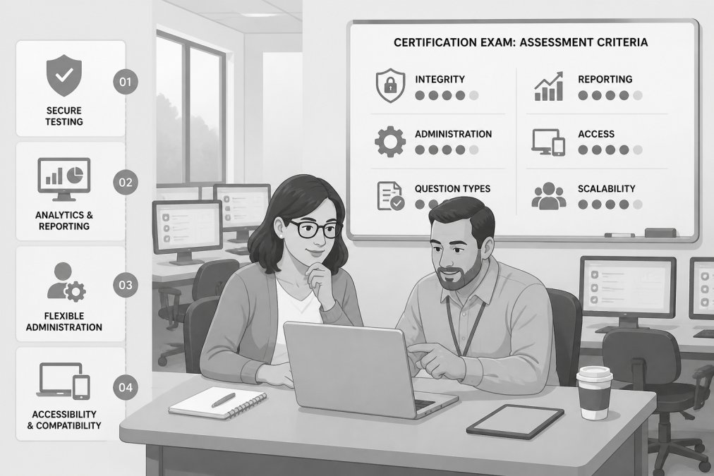 Educators reviewing digital testing solutions criteria on a laptop in a school computer lab setting
