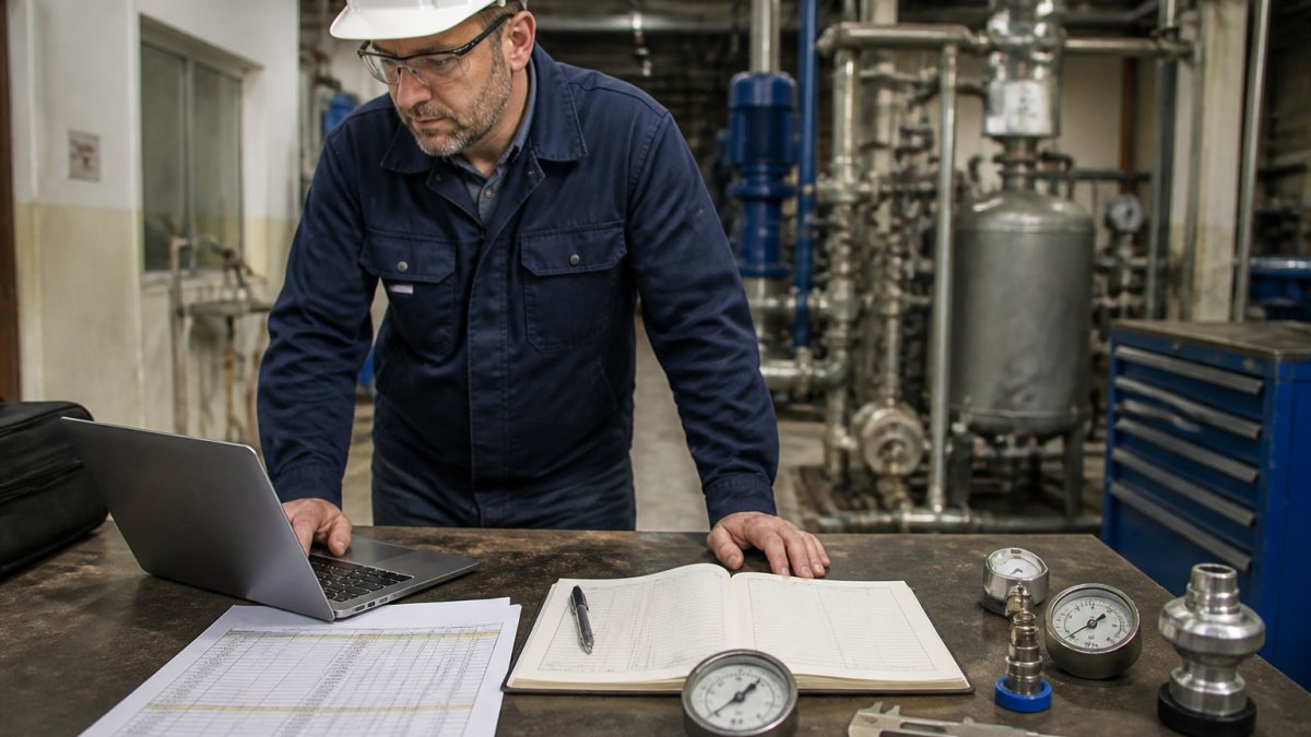 Plant supervisor reviewing digital calibration schedules on a laptop alongside logbooks and precision tools.