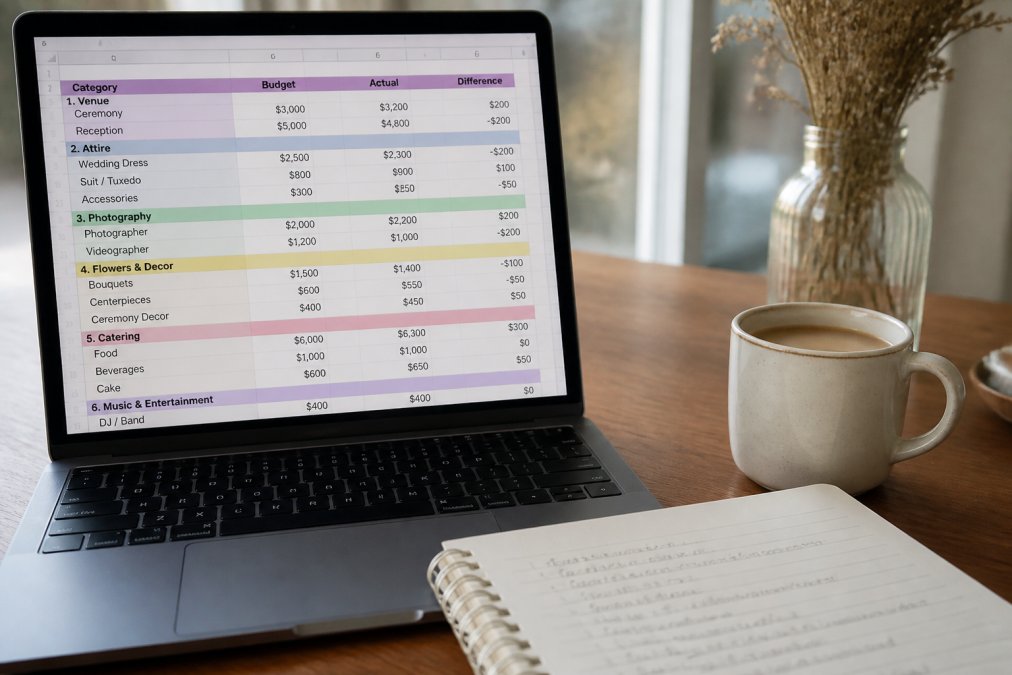 Close-up of a laptop screen showing a colorful budget spreadsheet with wedding categories, next to a notebook and a coffee cup on a wooden desk