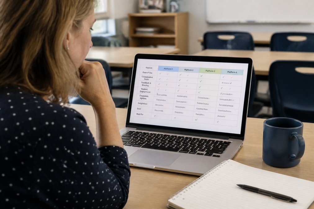 Comparison table on a laptop screen reviewing key features of various digital writing platforms for students