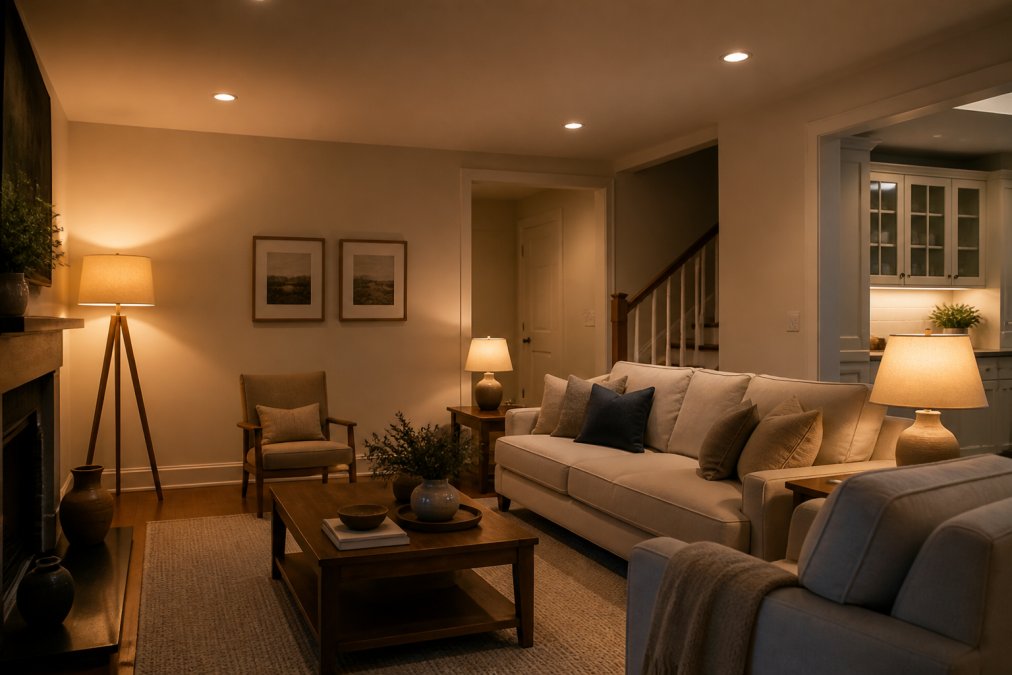 Cozy living room with warm layered lighting from a floor lamp in the corner, soft table lamps on side tables, and dimmable overhead lights creating distinct zones of ambient and task lighting