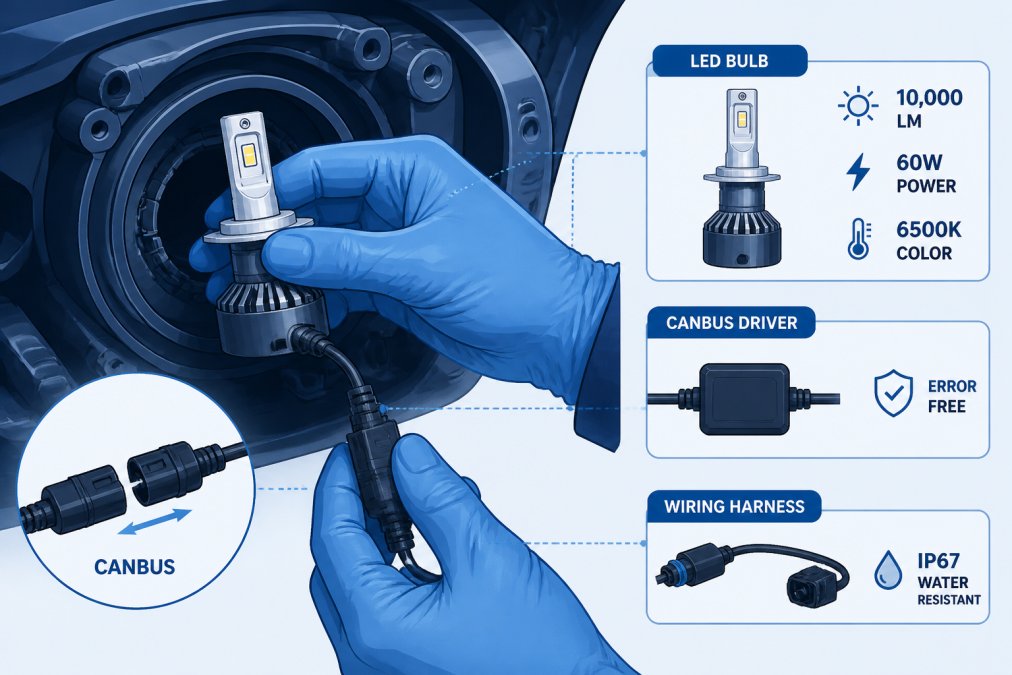 Mechanic's hands installing a CANBUS LED bulb into a vehicle headlight housing, showing the connector and wiring harness detail in workshop lighting