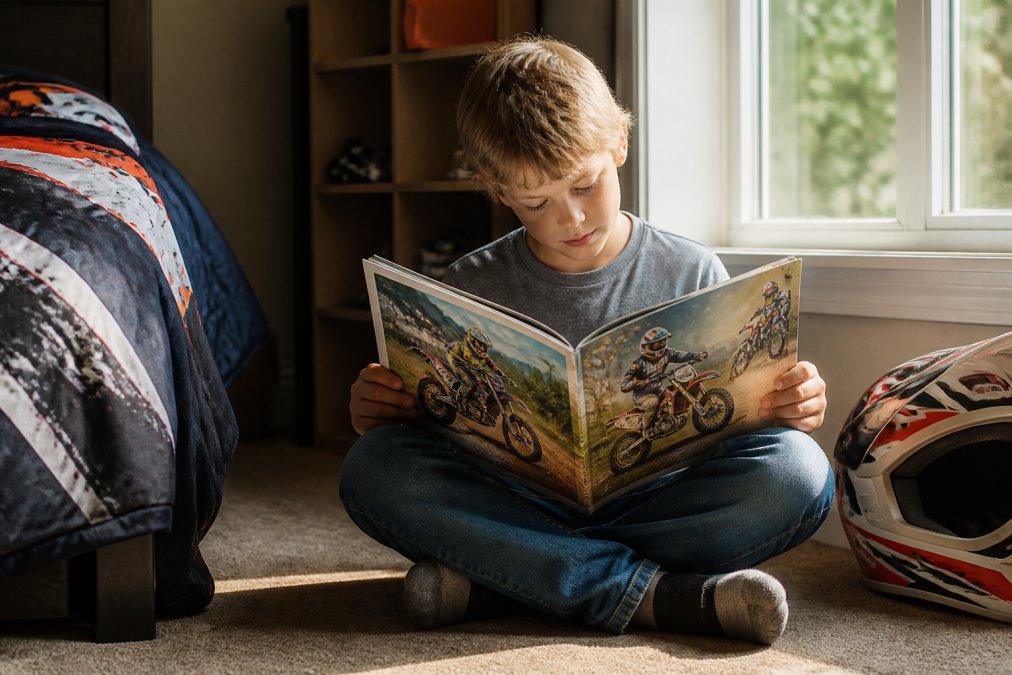 Young child sitting cross-legged reading a colorful dirt bike storybook with vibrant illustrations visible, natural window lighting illuminating the pages