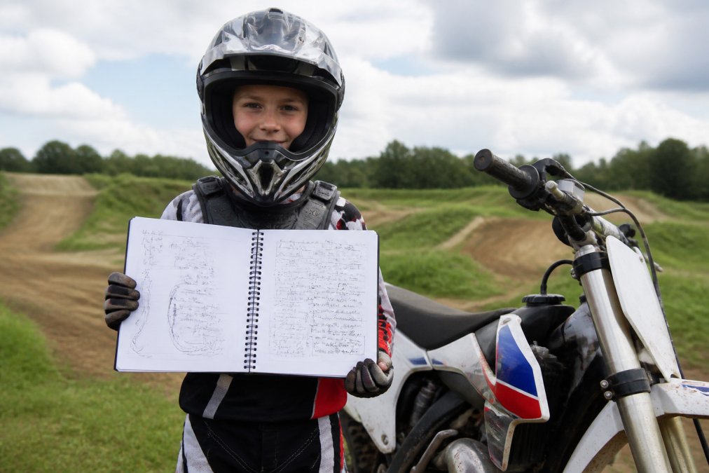 Young motocross rider in full gear holding an open training journal with detailed notes and track sketches, standing beside a dirt bike outdoors with a motocross track visible in background