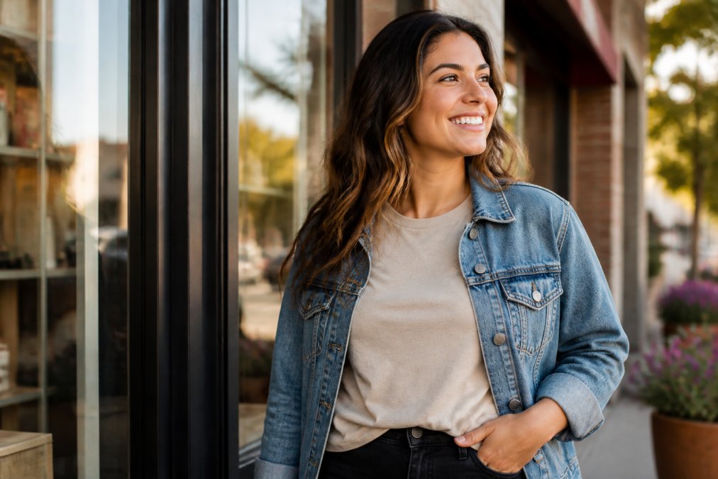 Christian woman wearing a faith-based graphic tee layered with a denim jacket, standing confidently in natural daylight near a storefront window, showing how faith apparel integrates into casual everyday style