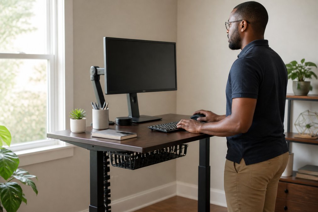 Professional working at ergonomic standing desk with affordable monitor displaying spreadsheet data, natural office lighting streaming through window, compact desk with organized cables and wireless peripherals