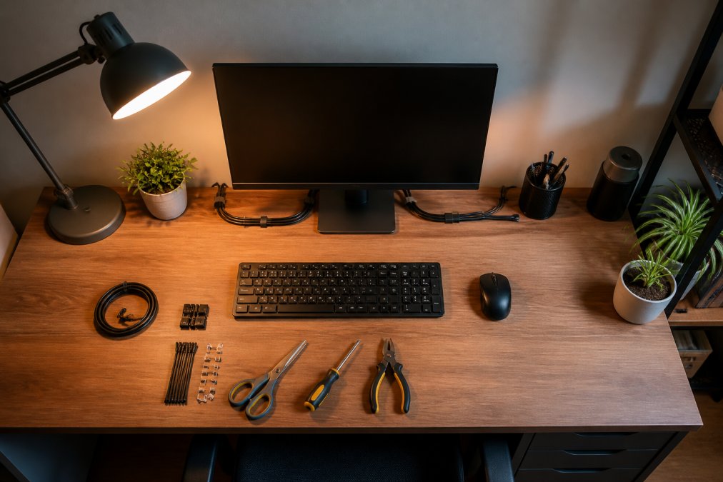 Overhead view of budget home office workspace with 24-inch monitor displaying work documents, ergonomic keyboard, wireless mouse, adjustable desk lamp with warm light, organized cable management with clips and ties, compact desk surface with minimal clutter