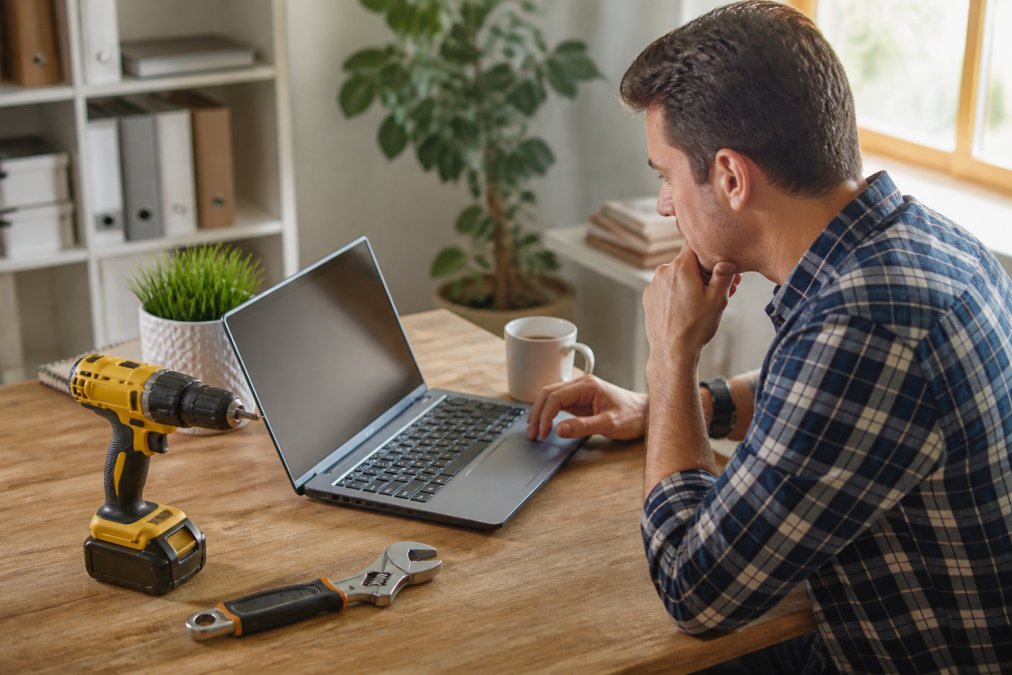 A person browsing a discount website on a laptop, surrounded by home improvement tools including a cordless drill and an adjustable wrench, with a cup of coffee nearby in a bright home office