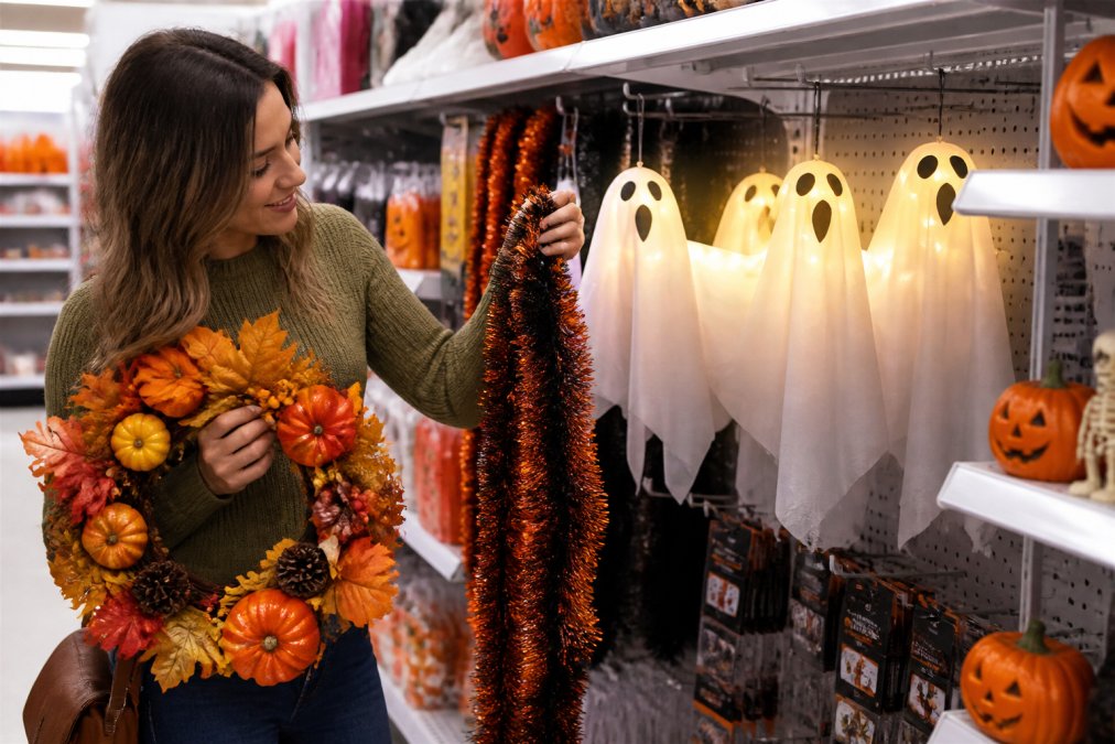 Shopper browsing colorful seasonal decorations on store shelves with clearance tags visible, holding wreaths and garlands in hand