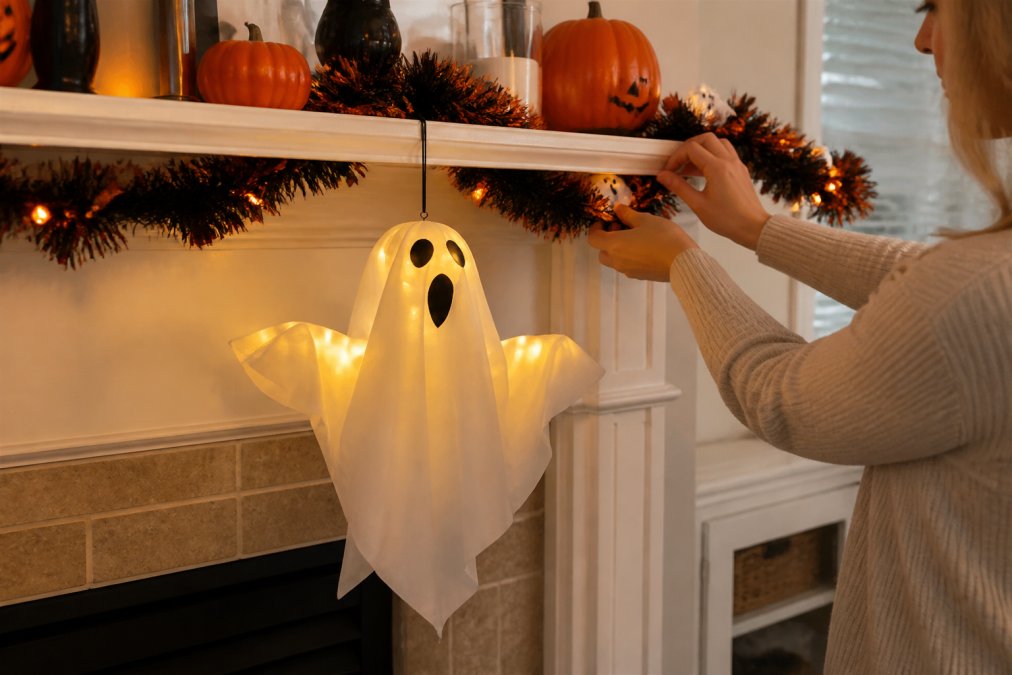 Close-up of hands arranging affordable seasonal ornaments, garlands, and LED lights on a mantelpiece in a home interior with warm natural lighting