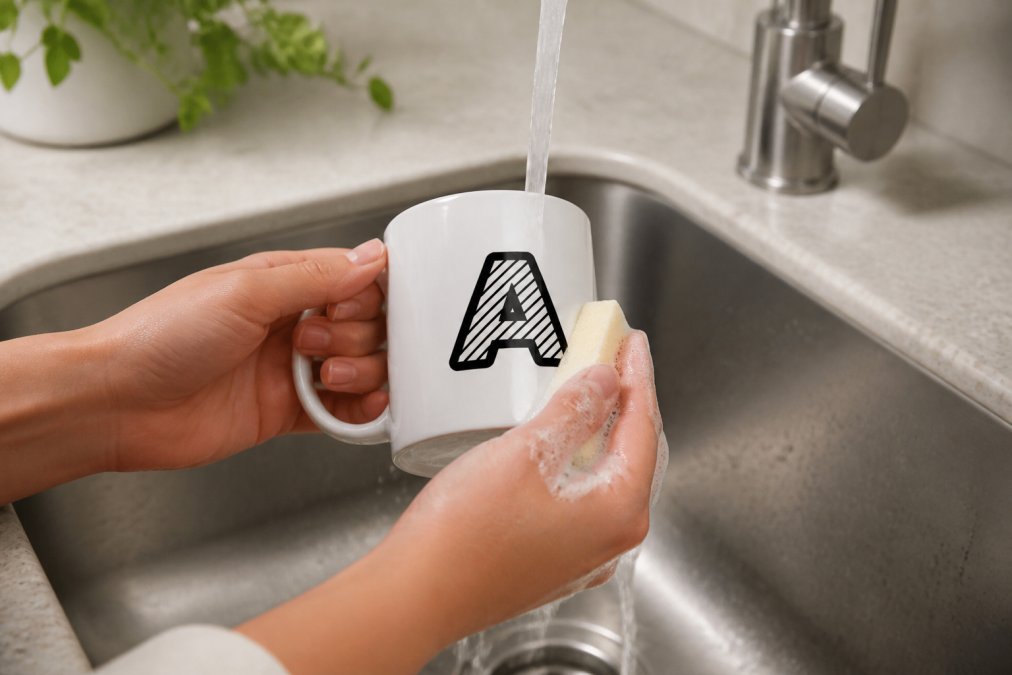Close-up of hands carefully washing a personalized ceramic mug under warm running water in a kitchen sink, showing gentle cleaning technique