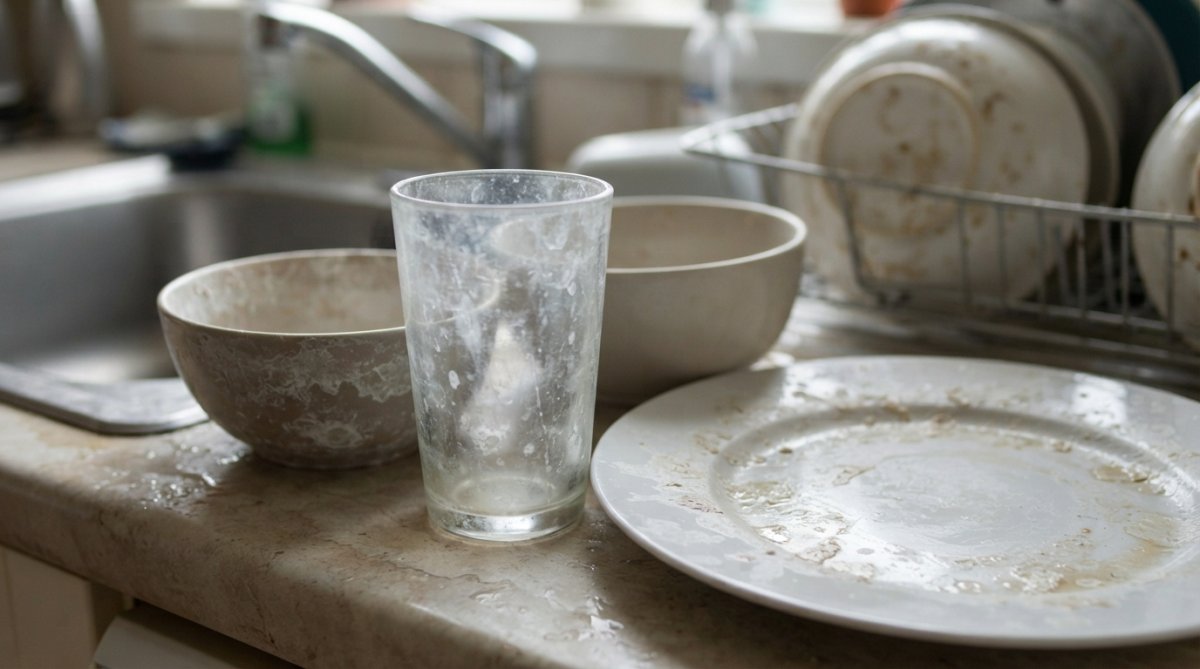 Close-up of spotted, cloudy glassware and dinnerware showing white mineral deposits and water staining from hard water buildup on the glass surface