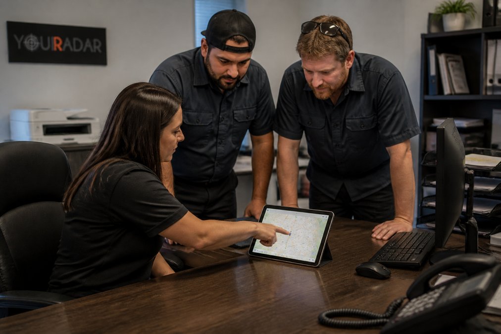 Dispatcher using dispatch software to show job locations on a tablet to two field technicians in an office