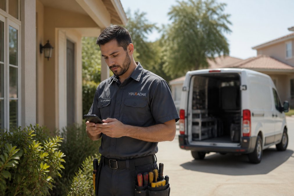 Appliance repair technician in uniform checking mobile device while standing beside customer's home with service van visible in background, natural daylight