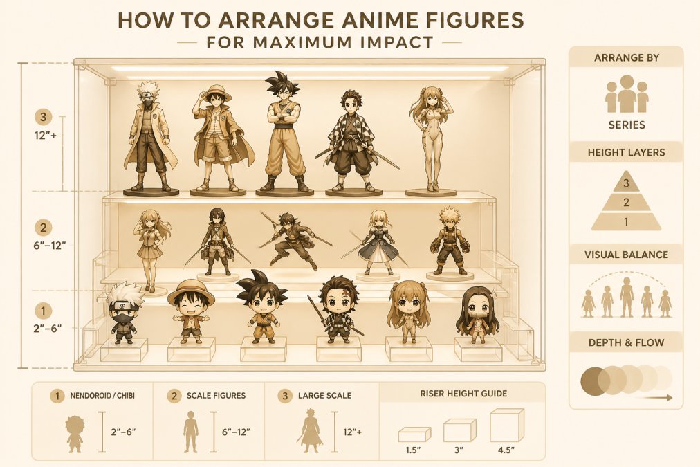 A well-organized anime figure collection displayed on a multi-tiered acrylic display case with warm LED lighting, showing figures of varying heights and scales arranged by series, with smaller Nendoroids elevated on acrylic risers in the foreground and larger scale figures in the back
