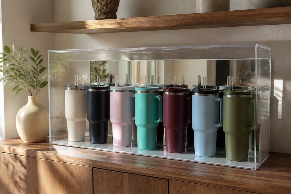 A bright living room shelf displaying a row of colorful insulated tumblers inside a clear acrylic case with a mirrored back, warm afternoon light casting soft reflections