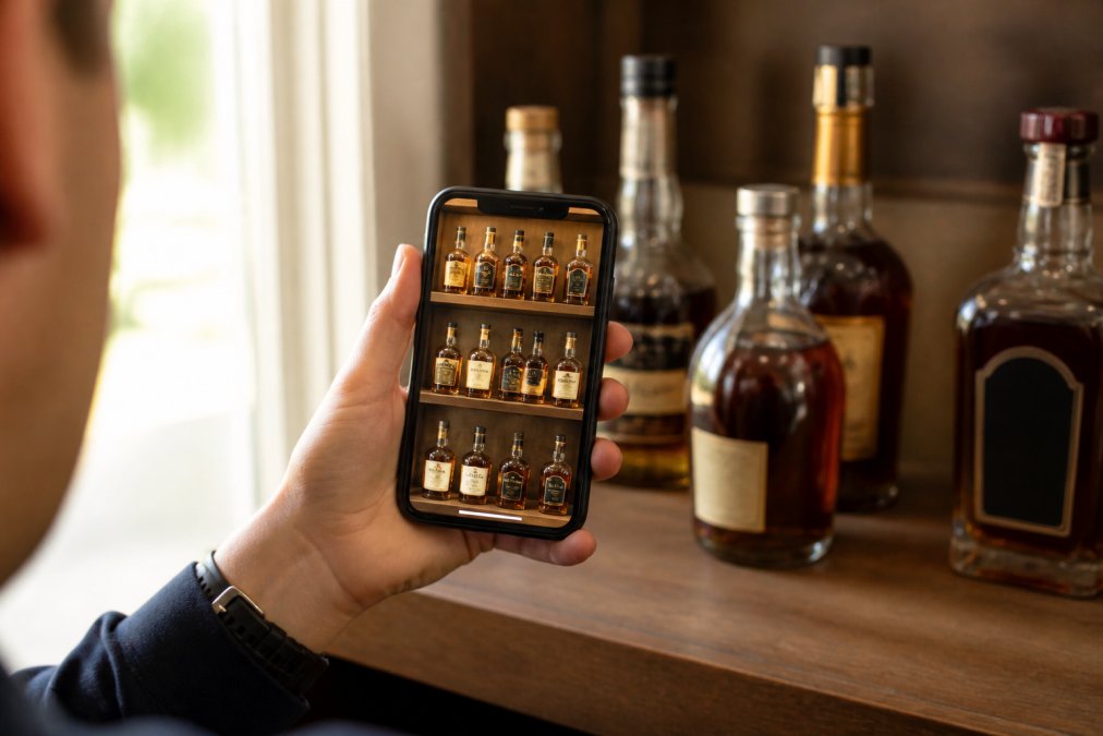 Bourbon collector holding smartphone displaying whiskey collection app with bottles visible on wooden shelf in background, natural afternoon lighting
